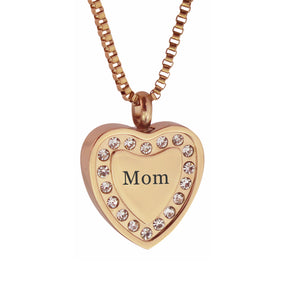 Mom Crystal Rose Gold Heart Cremation Urn Pendant