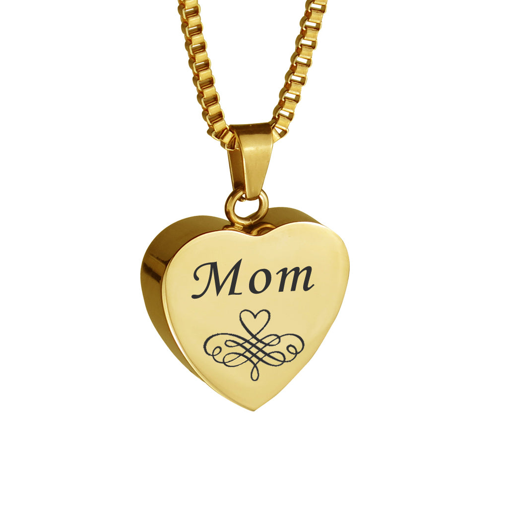Mom Patterned Gold Heart Cremation Urn Pendant