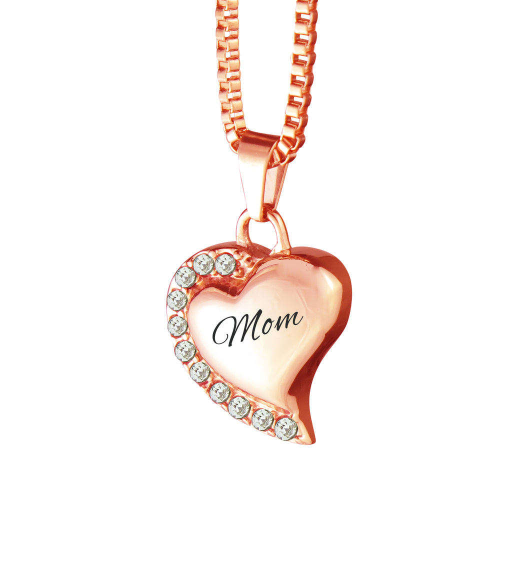Mom Heart with Crystals Rose Gold Cremation Urn Pendant