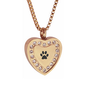 Paw Crystal Rose Gold Heart Cremation Urn Pendant