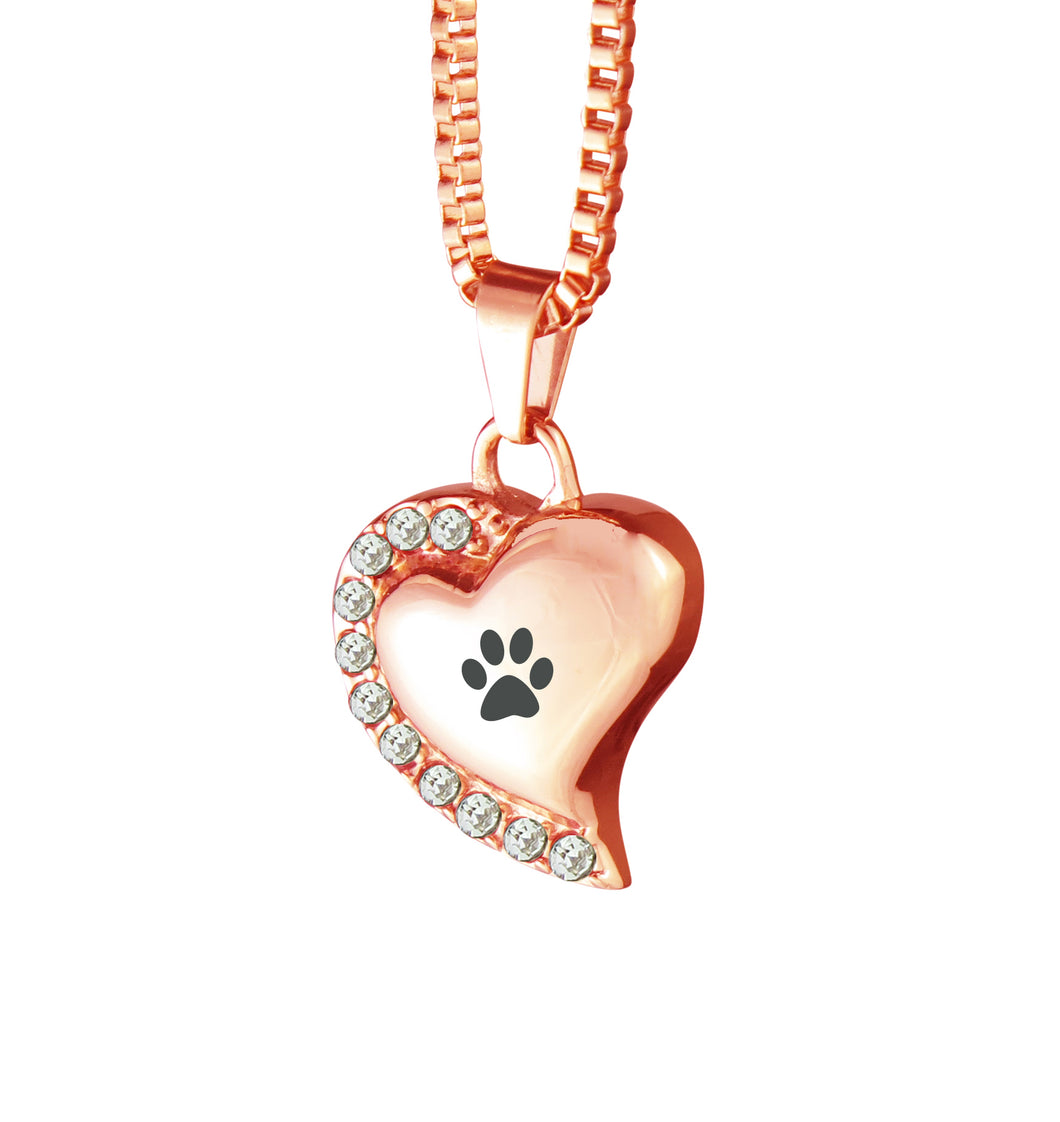 Paw Heart with Pink Crystals Rose Gold Cremation Urn Pendant