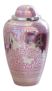 Large Pink and Silver Butterfly Adult Brass Urn