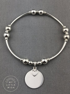 Sterling Silver Blank Engravable Disc with a Small Open Heart Stacking Bracelet