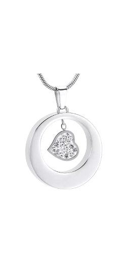 Silver Heart Charm Circle Cremation Urn Pendant - Optional Personalisation