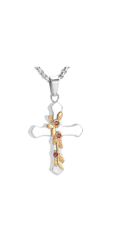 Silver and Gold Flower Wrapped Cross Cremation Urn Pendant