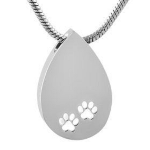 White Paw Print Teardrop Cremation Urn Pendant - Optional Personalisation