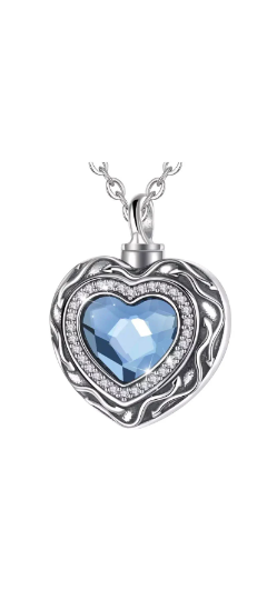 Sterling Silver Blue Crystal Heart Cremation Urn Pendant