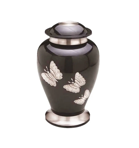 Large Silver Butterfly Black Adult Brass Urn with Optional Personalised Engraving