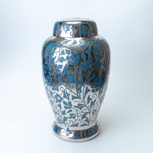 Silver and Blue Floral Adult Brass Urn